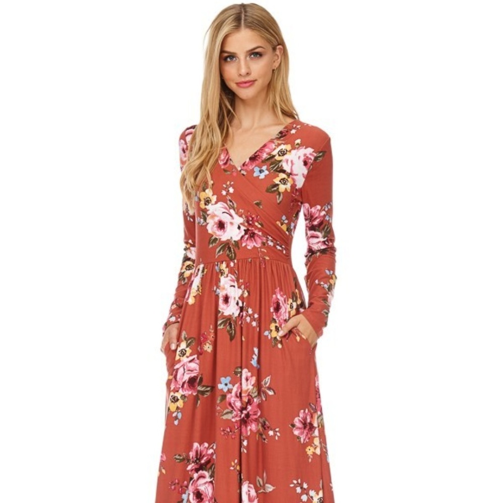Rust flower maxi long sleeve dress
